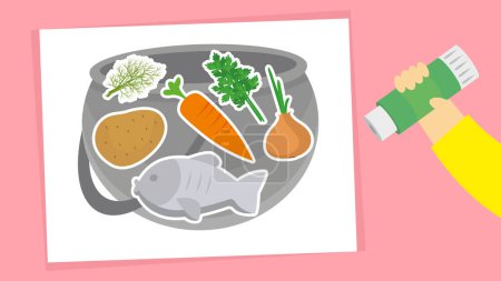 Téléchargez les illustrations : Enfant mettant le poisson et les légumes de carton au pot comme exercice d'étude - en licence libre de droit