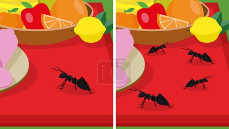 Illustration for Vector illustration of cartoon ants on fruits during picnic - Royalty Free Image