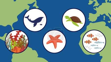 Ilustración de Conjunto de varios iconos criaturas marinas en círculos, ilustración vectorial - Imagen libre de derechos