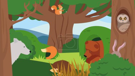 Téléchargez les illustrations : Scène de dessin animé avec différents animaux dans la forêt, illustration vectorielle - en licence libre de droit