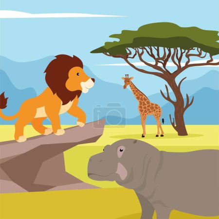 Téléchargez les illustrations : Illustration vectorielle de dessin animé lion et girafe design graphique - en licence libre de droit
