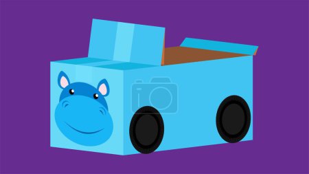 Téléchargez les illustrations : Jolie voiture avec visage hippopotame en carton - en licence libre de droit