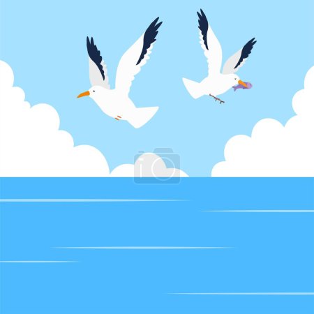 Téléchargez les illustrations : Mouettes volant dans le ciel bleu, illustration vectorielle - en licence libre de droit