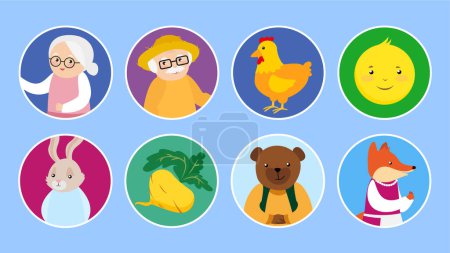 Illustration for Cute cartoon animals and birds on round icons set. Vector illustration - Royalty Free Image