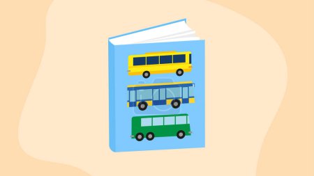 Ilustración de Ilustración vectorial de un libro con un autobús sobre un fondo amarillo. - Imagen libre de derechos