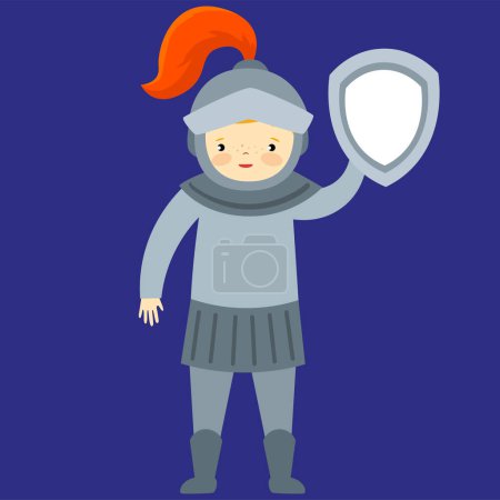 Illustration for Cute cartoon girl in a medieval costume with a shield. Vector illustration. - Royalty Free Image