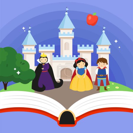 Téléchargez les illustrations : Château avec enfants et livre ouvert. Illustration vectorielle en style plat - en licence libre de droit