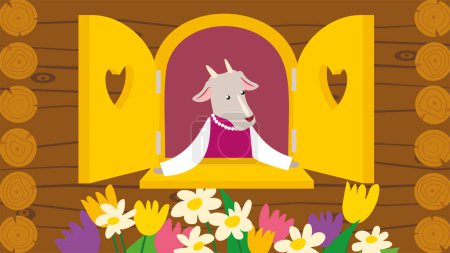 Téléchargez les illustrations : Illustration d'une chèvre mignonne dans une fenêtre avec des fleurs sur un fond en bois - en licence libre de droit