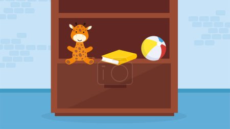 Téléchargez les illustrations : Jolie girafe de dessin animé et des livres dans le cabinet. Illustration vectorielle. - en licence libre de droit