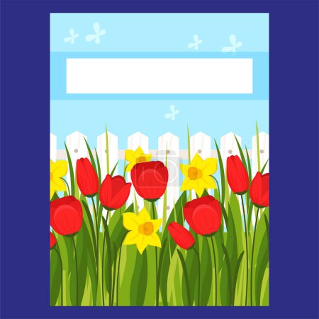Téléchargez les illustrations : Spring card with tulips and fence. Vector illustration in flat style - en licence libre de droit