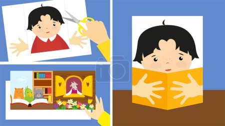 Téléchargez les illustrations : Un garçon lisant un livre. Illustration vectorielle dans un style plat. Les enfants lisent des livres. - en licence libre de droit