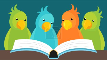 Papageien lesen ein Buch. Vektorillustration von Papageien beim Lesen eines Buches.