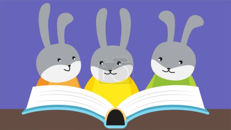 Téléchargez les illustrations : Des lapins lisant un livre. Illustration vectorielle dans le style dessin animé. - en licence libre de droit