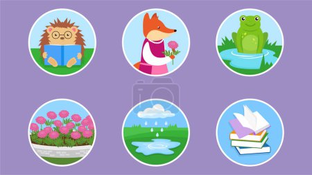 Set of round icons with cute animals and flowers. Vector illustration.