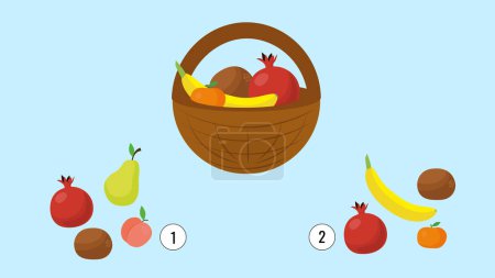 Ilustración de Educational game for children. Count how many fruits in the basket. pomegranate - Imagen libre de derechos