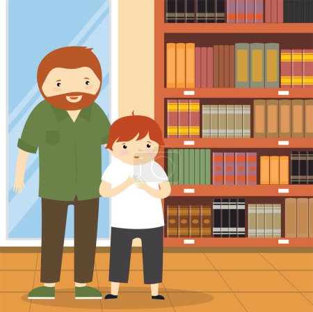 Téléchargez les illustrations : Père et fils debout dans la bibliothèque avec des étagères. Illustration vectorielle - en licence libre de droit