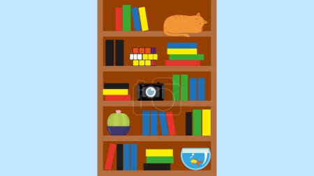 Téléchargez les illustrations : Bibliothèque avec livres, chat et appareil photo. Illustration vectorielle. - en licence libre de droit