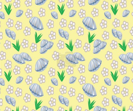 Ilustración de Concha de almejas y patrón de repetición de vectores de perlas con fondo amarillo limón. - Imagen libre de derechos