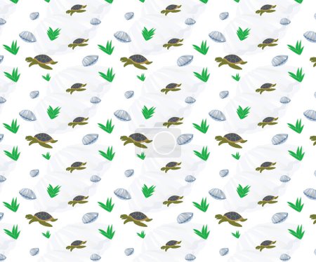 Ilustración de Tortuga, concha de almejas y algas patrón de repetición vector con fondo blanco - Imagen libre de derechos
