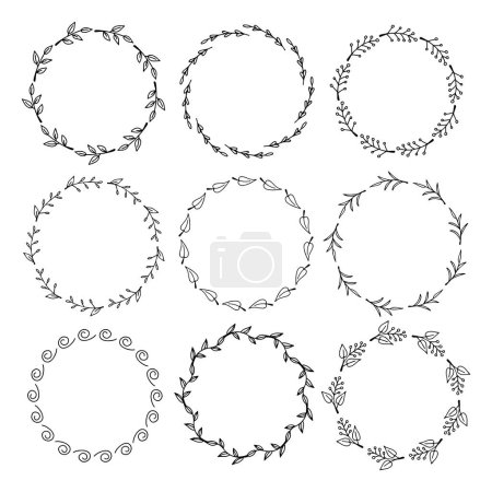 Illustration for A set with hand-drawn elements of flower frames. Frames for your design. Vector frames. Doodle illustrated frames made of twigs. - Royalty Free Image