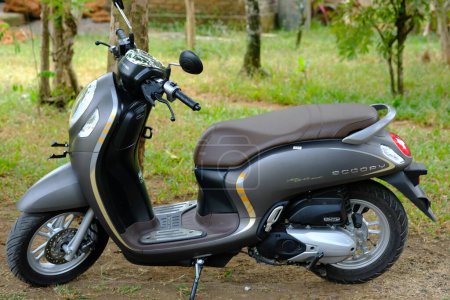 Téléchargez les photos : Kroya, Indonésie. 2 juin 2021 : Moto Honda Scoopy brun métallique dans une cour. - en image libre de droit