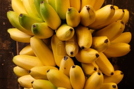 Téléchargez les photos : Les bananes Lady Finger sont des cultivars diploïdes de Musa acuminata. Elles sont petites, à la peau fine et douces. Emas Pisang. un bouquet de bananes dorées fraîches. - en image libre de droit