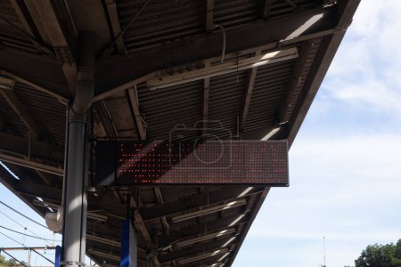 Error screen of LED panel display at commuter line station in Jakarta. Train Schedule Display.