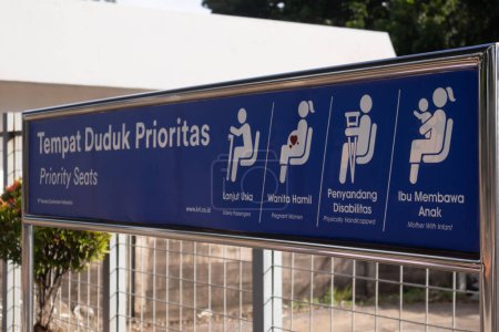 Photo for Jakarta, Indonesia - February 08, 2024: Priority seats sign board at commuter line train station in Jakarta - Royalty Free Image