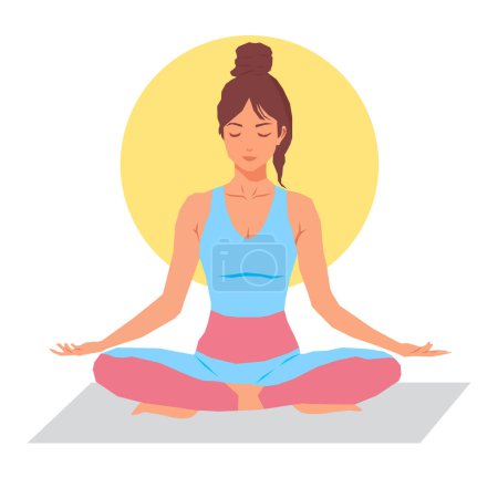 Illustration for A young woman doing yoga. A woman sitting in lotus pose. Vector illustration. - Royalty Free Image