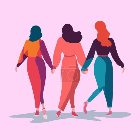 Foto de Tres mujeres cogidas de la mano. Las damas caminan juntas. Ilustración vectorial. - Imagen libre de derechos