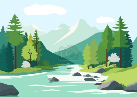 Foto de Panorama de primavera verano hermosa naturaleza, prados verdes prado, bosque y río, montañas en el horizonte paisaje de fondo vector ilustración - Imagen libre de derechos
