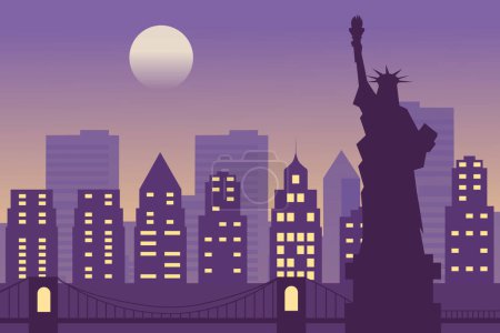 Ilustración de Ilustración de la ciudad de Nueva York en la noche, paisaje vectorial de edificios y la Estatua de la Libertad - Imagen libre de derechos