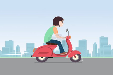 Foto de Un hombre con casco montado en una moto en la carretera con el fondo de la ciudad. Dibujos animados vector ilustración. - Imagen libre de derechos