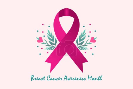 Foto de Ilustración de banner de conciencia de cáncer de mama. Cinta rosa, flores y amor de corazón. Campaña sanitaria. - Imagen libre de derechos