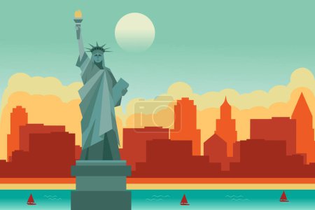 Ilustración de Ilustración de la ciudad de Nueva York con el paisaje vectorial de edificios y la Estatua de la Libertad - Imagen libre de derechos