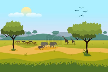 Foto de Ilustración de paisaje de bosque de sabana africana con jirafa, ciervo, elefante y ave. - Imagen libre de derechos