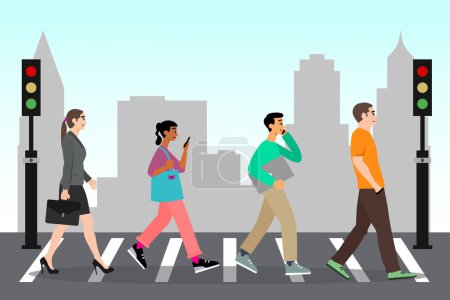 Foto de Gente cruzando la zona peatonal en la ciudad plana Dibujos animados Vector Ilustración. Gente caminando por el paso de peatones. - Imagen libre de derechos
