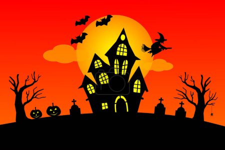 Foto de Fondo de noche de luna llena de Halloween, castillo oscuro, calabazas, lápida, bruja y murciélagos. Ilustración vectorial. - Imagen libre de derechos