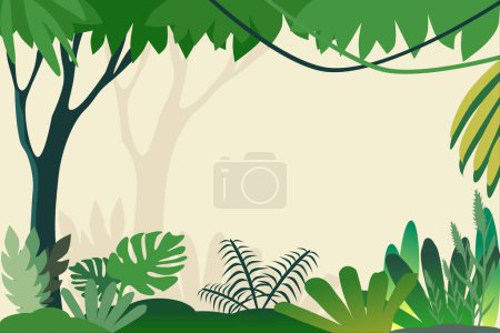 Téléchargez les illustrations : Forêt et jungle paysage arrière-plan. Illustration de bande dessinée avec design plat. - en licence libre de droit