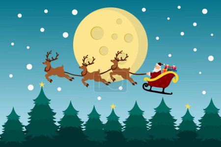 Illustration for Merry Christmas background with Santa Claus flying on the sky in sleigh with reindeer at night with full moon, snow, and Christmas trees. vector illustration. - Royalty Free Image