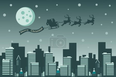 Illustration for Merry Christmas background with Santa Claus flying on the sky in sleigh with reindeer at night with full moon, snow, and City. vector illustration. - Royalty Free Image