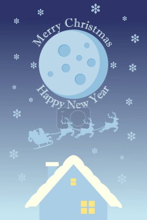 Illustration for Merry Christmas background with Santa Claus flying on the sky in sleigh with reindeer at night with full moon, snow, and a house. Vertical vector illustration. - Royalty Free Image