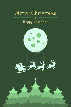 Illustration for Merry Christmas and happy new year simple background with Santa Claus flying on the sky in sleigh with reindeer at night with full moon, snow, and Christmas trees. Vertical vector illustration. - Royalty Free Image