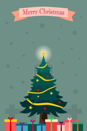 Illustration for Merry Christmas background with Christmas tree, gift, and snow. Vertical vector illustration. - Royalty Free Image