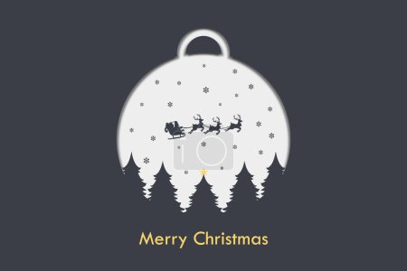 Illustration for Merry Christmas simple background with Santa Claus flying on the sky in sleigh with reindeer at night, snow, and Christmas trees. Vector illustration. - Royalty Free Image
