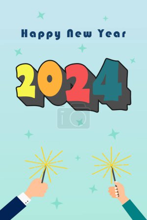 Foto de Feliz año nuevo 2024 con plantilla de diseño a todo color. Mano sosteniendo fuegos artificiales. Diseño vertical. - Imagen libre de derechos