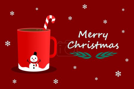 Foto de Una taza de café con bastón de caramelo de Navidad y nieve sobre fondo rojo. La bebida caliente huele a Navidad. Ilustración vectorial. - Imagen libre de derechos