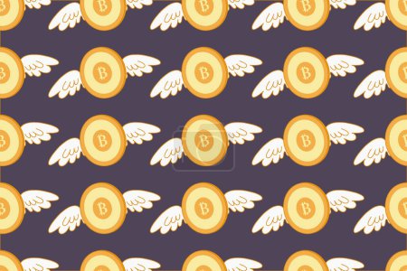 Foto de Bitcoin con alas patrón sin costuras. Fondo con bitcoin volador. Símbolos de oro de bitcoin. Plantilla para embalaje, diseño, papel pintado, ilustración vectorial. - Imagen libre de derechos