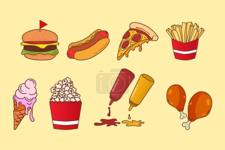 Foto de Establecer vector de elementos de comida rápida. Rebanada de pizza, hamburguesa, papas fritas, pollo frito, hot dog, helado, palomitas de maíz, ketchup y botella de salsa de tomate. - Imagen libre de derechos