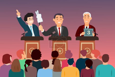 Illustration for Three man candidates are discussing on stage. Debates concept. Candidates speech in front of the crowd people. 2024 Indonesian general election. Vector illustration. - Royalty Free Image